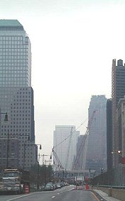 October 2001  -  View up West Street to the World Trade Centre Incident Site.  In overcast conditions, the 'post-fire' smell was very bad and, still, a lot of dust hung in the air.