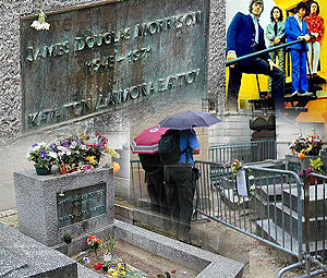 Colour Photograph Collage of The Doors, and recent (April 2005) photographs of Jim Morrison's Grave in Père Lachaise Cemetery, Paris, France.    Compare with the final graveyard scene in Oliver Stone's film.    Click the Collage to go directly to the Official WebSite of The Doors.