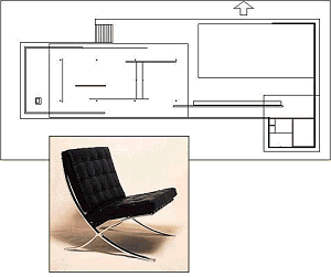 Architect Mies van der Rohe :  Black & White Plan Drawing of the Barcelona Pavilion - with Colour Photograph of the Barcelona Chair.