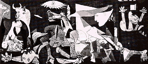 Black & White Painting by Pablo Picasso :  'Guernica' 1937.   Painted, between the beginning of May and the end of June, following the brutal destruction of a small village in Spain.   'Jenin' 2002 !