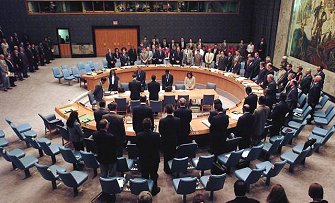 Colour Photograph showing the Security Council of the United Nations in session at its Headquarters Building in New York.    There are 5 Permanent Member Countries of the Council, with another 10 Elected Member Countries serving a term of two years.    Permanent Member Countries each have a Veto.